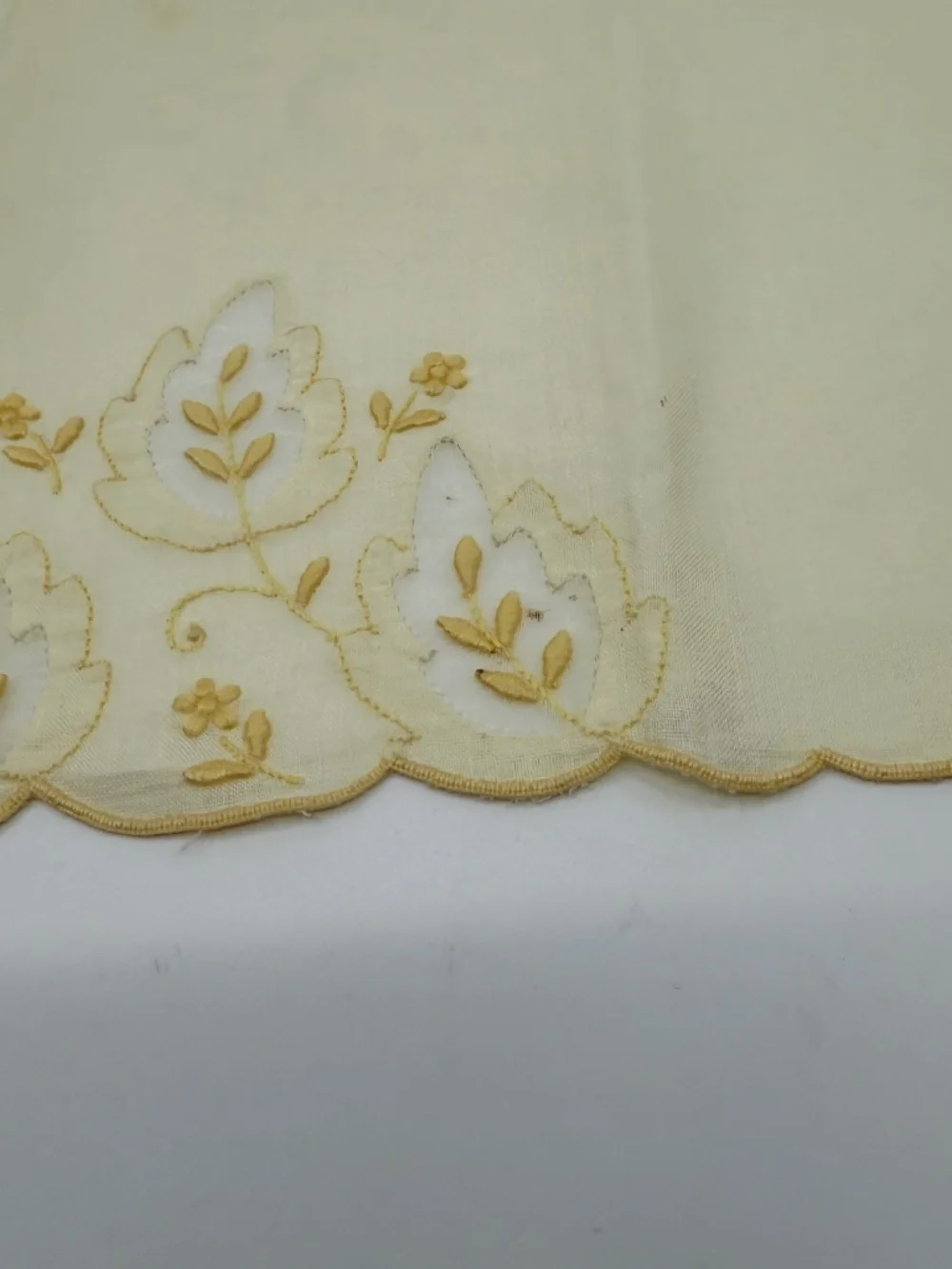 Pair Vintage Embroidered Pale Yellow Madeira Linen & Organza Fingertip Towels